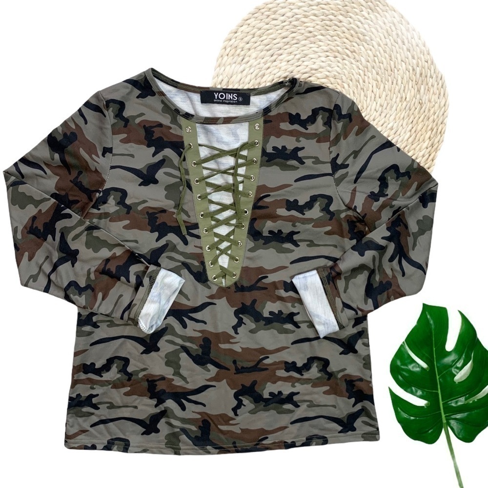Boutique Yoins Military Camouflage Sexy Lace-Up V-Neck Long Sleeve Top Sz Small - Picture 5 of 16
